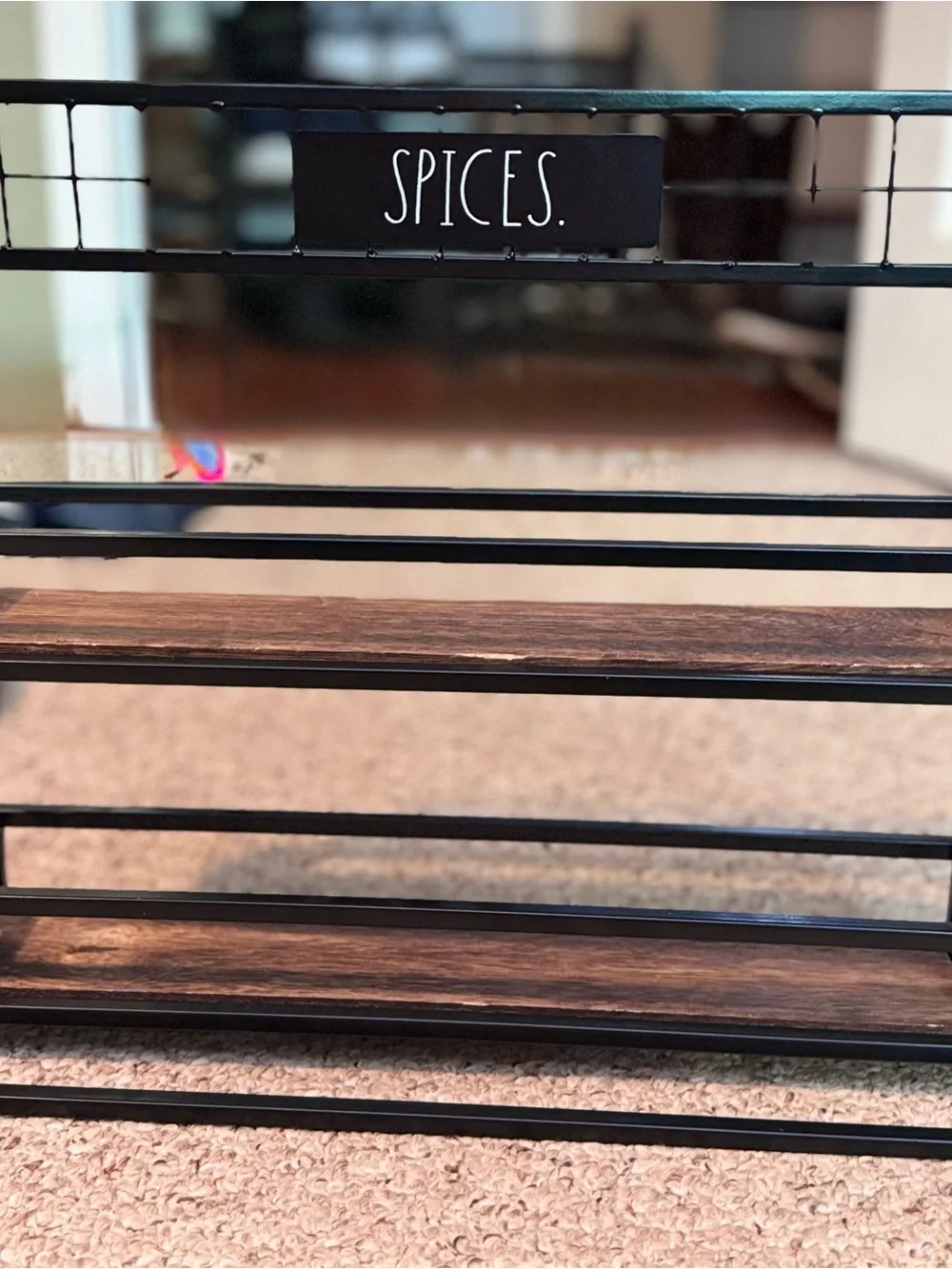 Rae Dunn Black Metal 'SPICES.' Rack with Dark Wood Shelves
